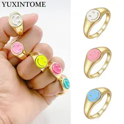 YUXINTOME 24k Gold Plated Colored Enamel Smile Face Wide Ring For Women Trend Couple Rings Fashion Party Jewelry