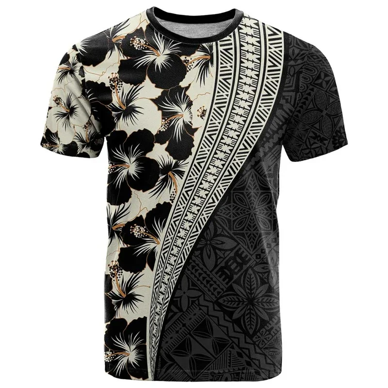 Tiki-Camiseta con estampado 3D de hibisco para hombre, camisa informal de manga corta con cuello redondo, ropa de calle polinesiana de gran tamaño, novedad de verano