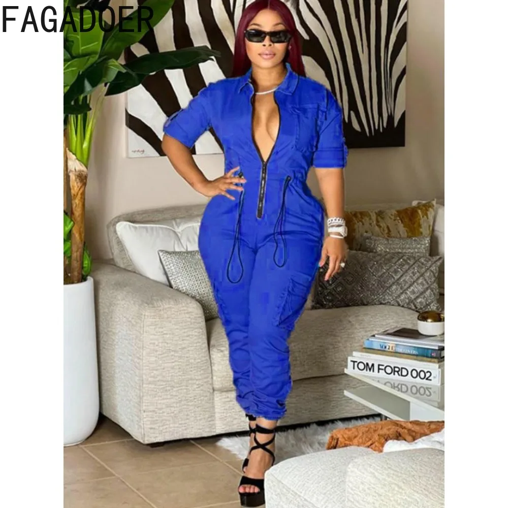 

FAGADOER Fashion Sporty Pocket Drawstring Jumpsuits Women Turndown Collar Zipper Long Sleeve Cargo Pants Playsuit Casual Overall