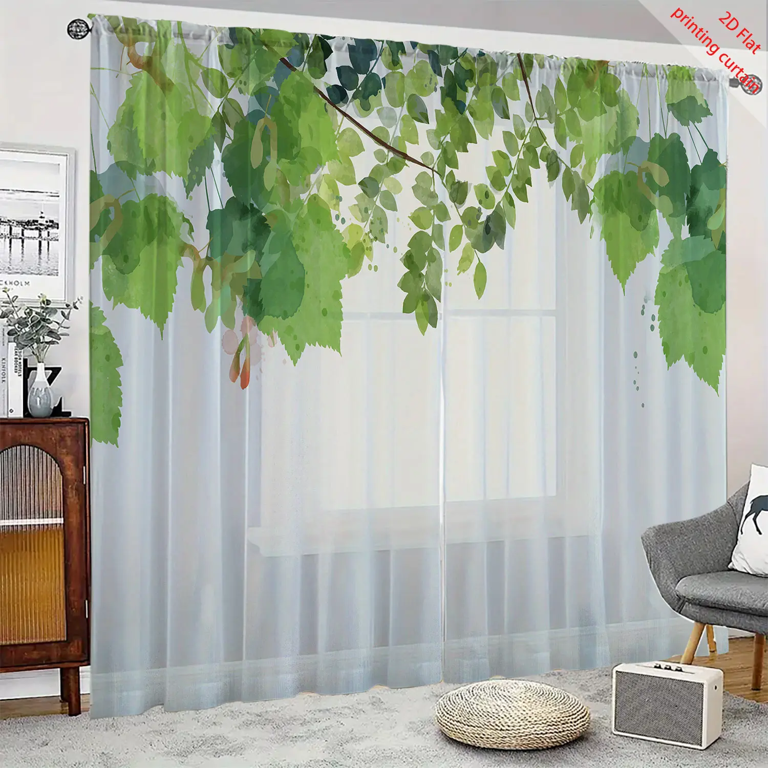 Green leaf flower printed transparent gauze curtain, romantic home decoration, suitable for living room bedroom balcony windows