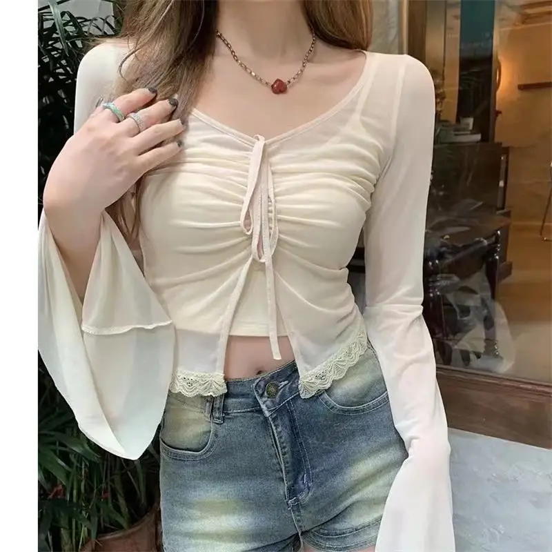 Summer Cardigan Women Sexy See Through Shirts Y2k Crop Tops + Vest Skin Korean Fashion Vintage 2000s Long Sleeve Bandage Blouses