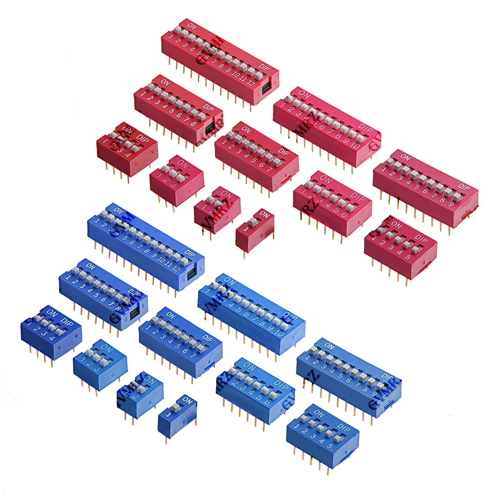 10PCS 2.54mm 1-12PIN 1 2 3 4 5 6 7 12 PIN DIP Switch Red Blue  PCB Mounted Toggle Code Switch ON OFF Selector for Circuit Board