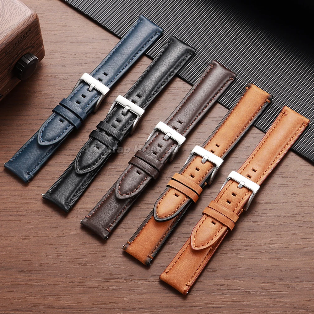 Cowhide Watch Strap 20mm 22mm 24mm Vintage Leather Watchband for Fossil for Samsung Galaxy Watch 7/6/5/4 Quick Release Bracelet