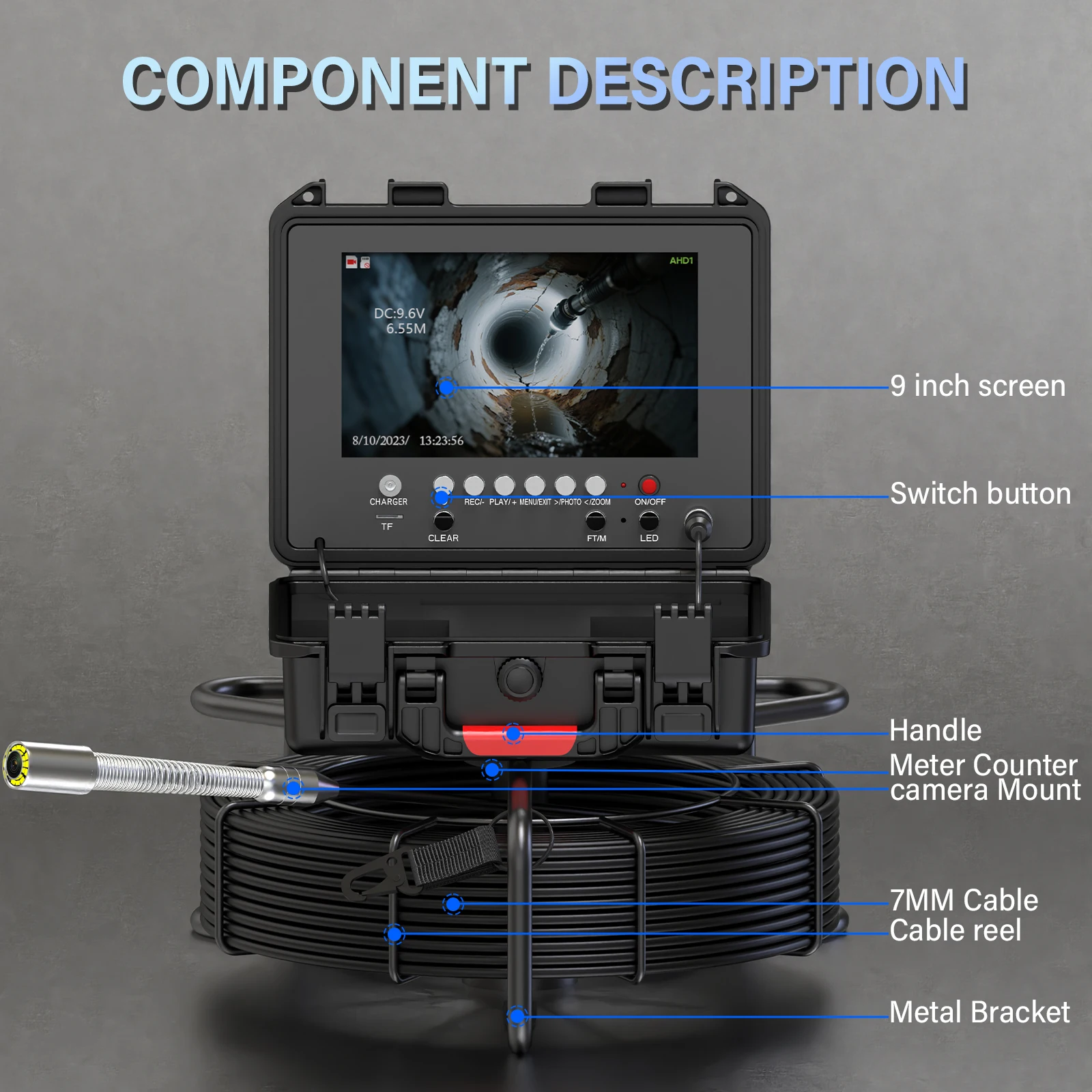 

Промышленный эндоскоп для инспекции канализационных труб 512 Гц с самовыравнивающимся счетчиком-дальномером, 9-дюймовым экраном и аккумулятором 4500 мАч