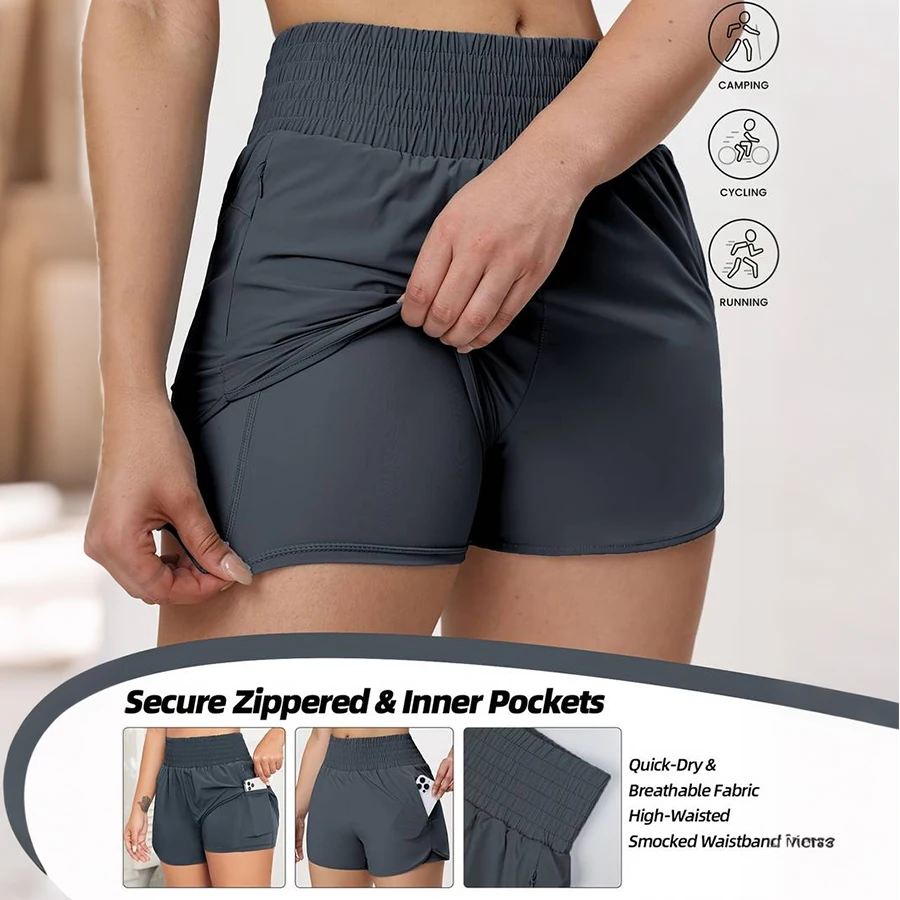 Women's Fake Two-Piece Sports Shorts With Pockets High Waisted Athletic Yoga Shorts Casual Sportswear Summer Gym Wear