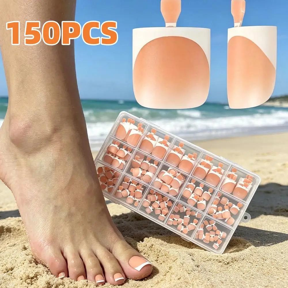 

150pc Matte Peach Nude Square Press On Toenails White French Soft Gel Fake Toe Nails for Summer Beach Bridal Daily False Toenail