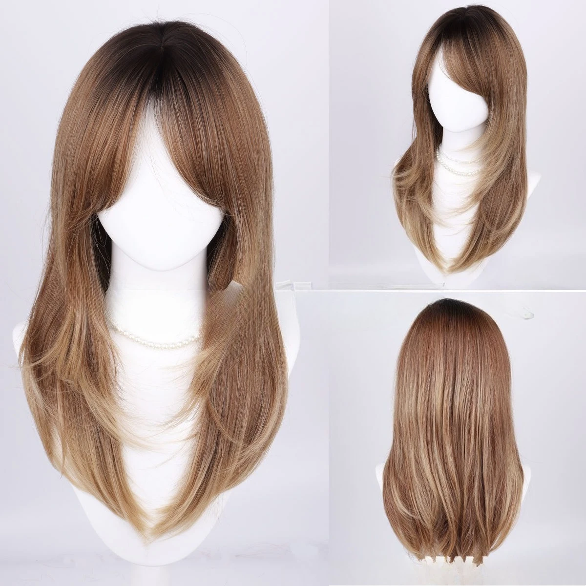 

Age-reducing long straight hair wig temperament eight-character bangs brown wig full headgear hot-selling