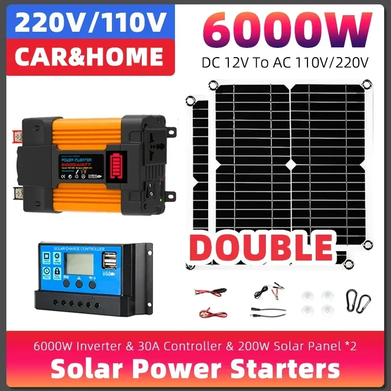 Solar Power System 6000w Inverter 2*200w Solar Panels 30a Controller Car Camping Rv Photovoltaic Kit Solar Energy Systems