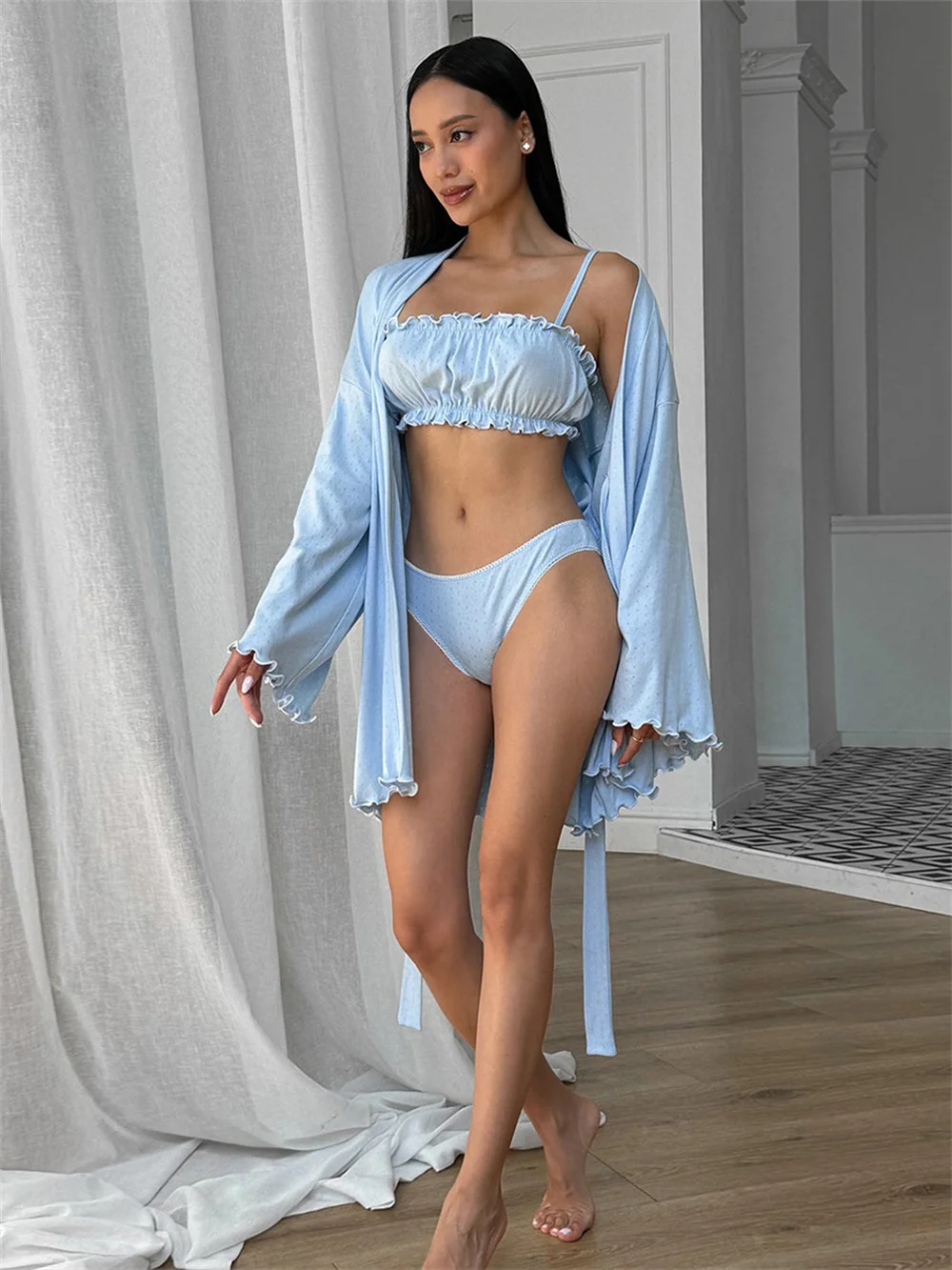 Summer New Style Underwear Shorts Robe 3-piece Set Spring New Knitted Pajamas Comfortable Women's Home Clothes
