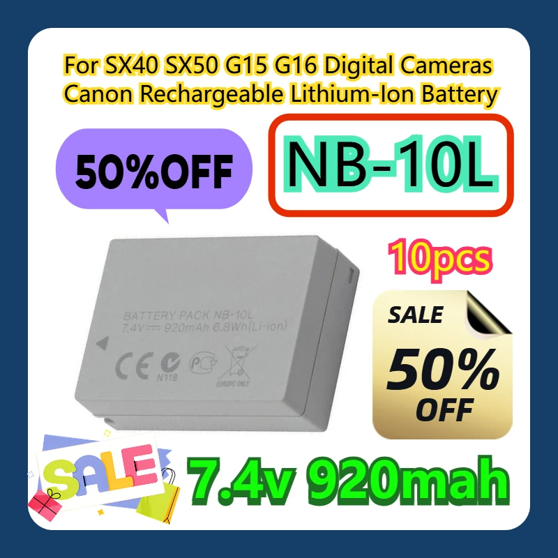 

10pcs For SX40 SX50 G15 G16 Digital Cameras Canon NB-10L Rechargeable Lithium-Ion Battery
