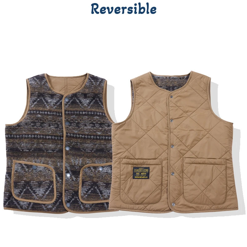 

Firmranch Fair Isle Quilted Vest Jacket Indian Totem Double-sided Wearable For Men Women Amekaji Autumn Winter Sleeveless Coat