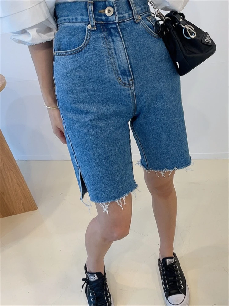 Seoulish Mùa Hè Nóng Quần Short Jean Nữ Cao Cấp Nữ Tua Rua Denim Quần Short Jeans Nửa Quần Femme 2022 Dạo Phố