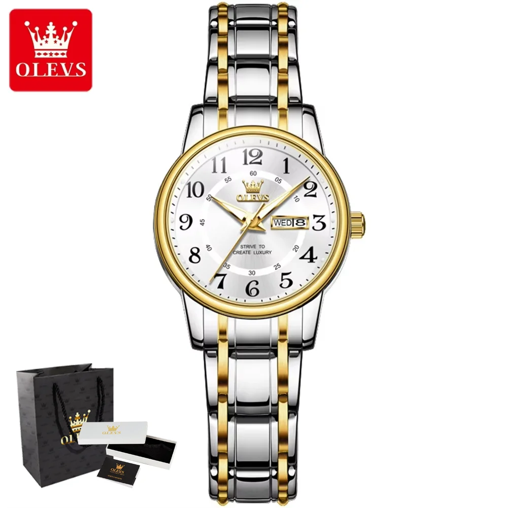 

OLEVS 2891 Woman Watch Stainless Steel Waterproof Luminous Dual Calendar Wristclock Luxury Brand Original Quartz Watch for Women
