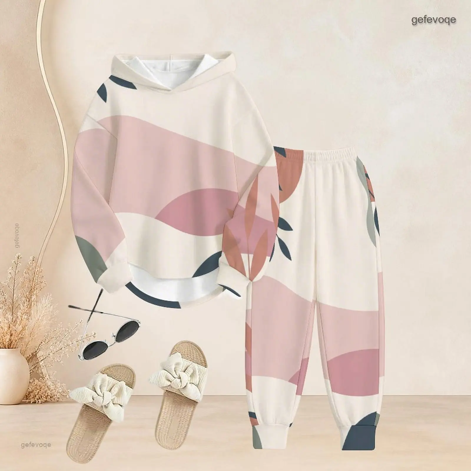 Long Sleeve Hooded Top Cuffed Pants Two Piece Printed Pants Set for Women