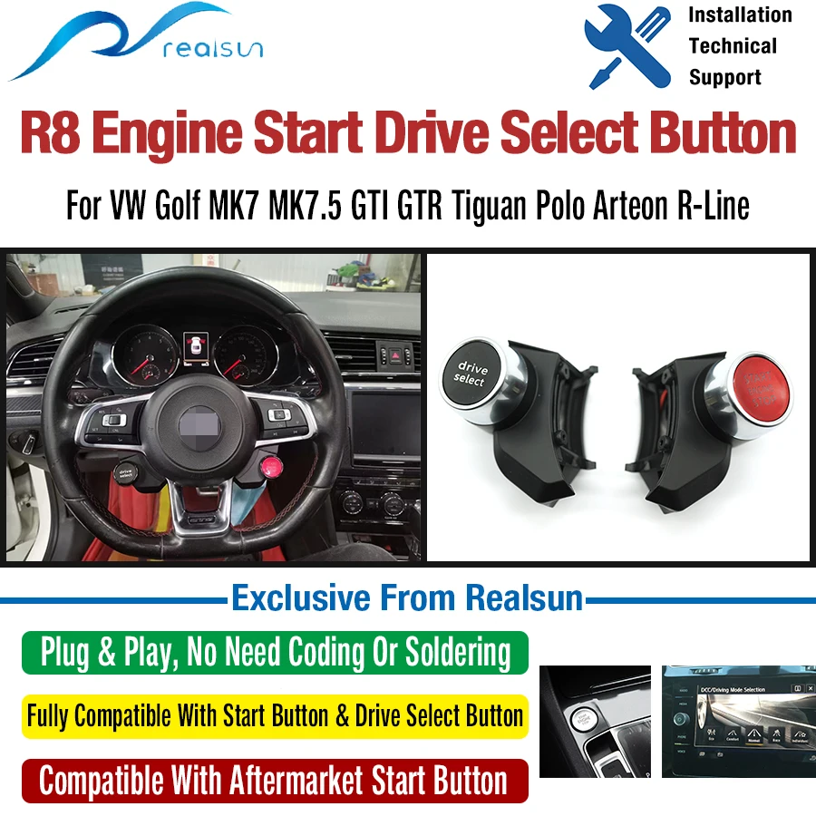 Realsun R8 Style Engine Start Stop Drive Select Steering Wheel Button For VW Golf MK7 MK7.5 GTI GTR Tiguan Polo Arteon R-Line