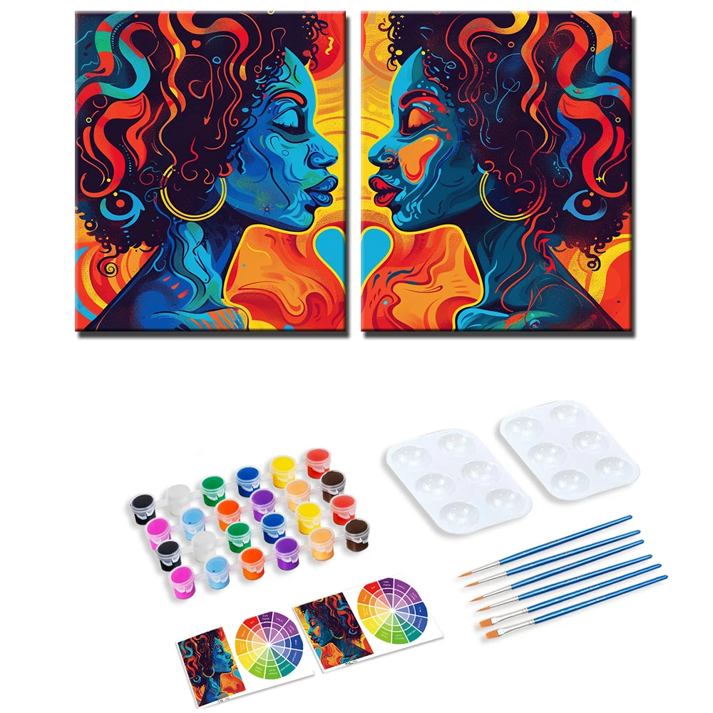 

PhotoCustom 2pcs Framed Paint And Sip Kit Pre Drawn Summer Women's For Painting Paint Party Kits Colorful Women Paint Art Set