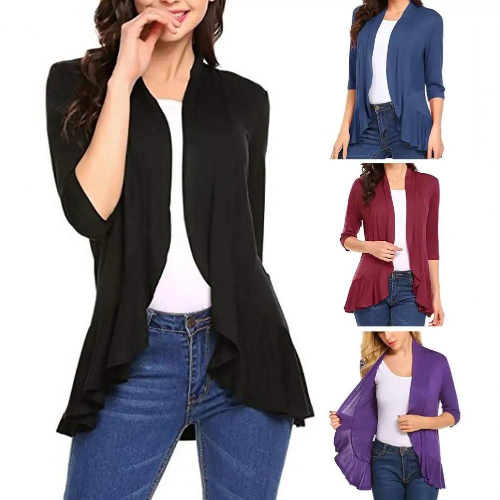 

Women Spring Coat Thin Solid Color Open Stitch Lady Cardigan Soft Long Sleeves Warm Elastic Loose Ruffle Women Cardigan