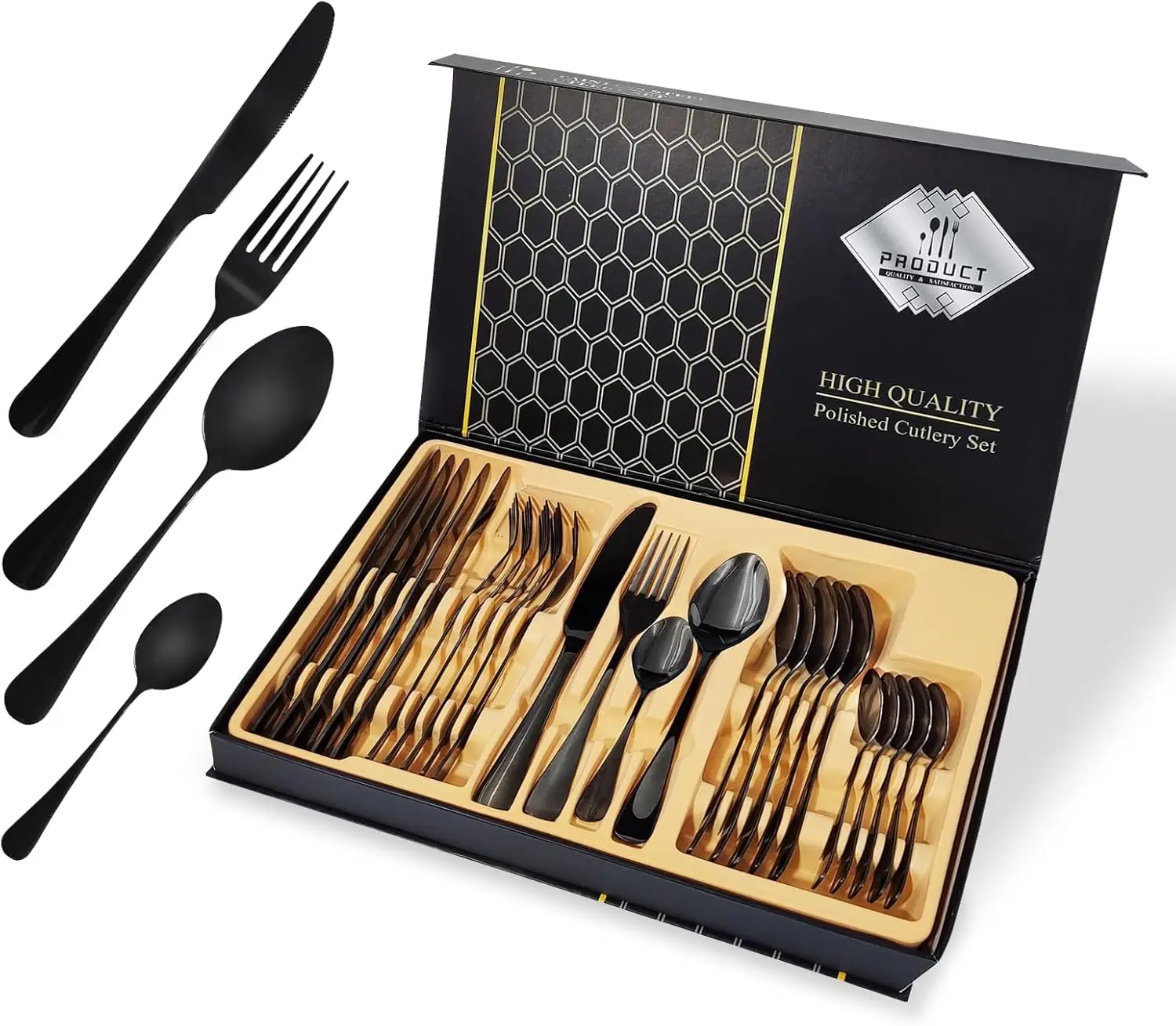 

Набор столовых приборов из черной нержавеющей стали на 6 персон, 24 предмета, с подарочной коробкой для дома или свадьбы