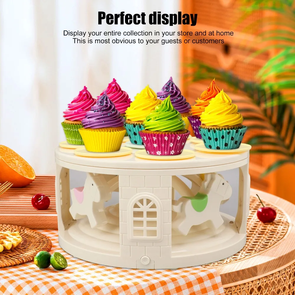 PP Cupcake Stand LED Light Automatic Rotating Rotating Dessert Machine Music Carousel Style Cake Turntable Cupcake Decorating