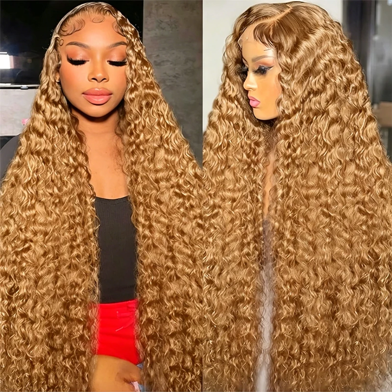 Perruque Lace Frontale 30 Pouces Blond Miel Ondulée Profonde Cheveux Humains 13x6 HD Transparente Pré-Pluckée # Perruque bouclée colorée de 27 couleurs