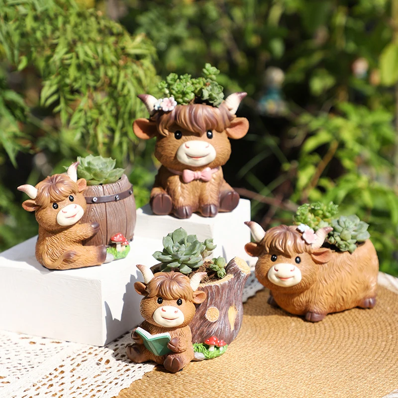 Petit Pot de plantes en forme de vache des Highlands, jardinière succulente en résine pour la maison, le bureau, Mini ornement, décoration de jardin féerique