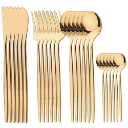 24Pcs Gold Tableware Sets Stainless Steel Cutlery Knife Tea Fork Coffee Spoon Flatware Dishwasher Safe Dinner Kitchen Dinnerware