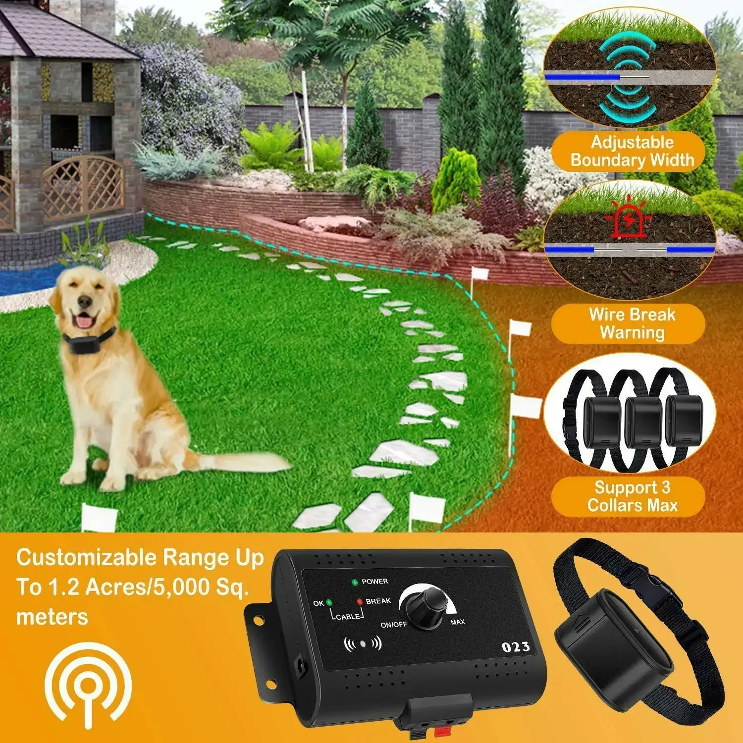 Dog Fence Containment System, Electric Shock Sound Collar Pet Dog Remote Transmitter Training Collar Waterproof Pet Dog Supplies