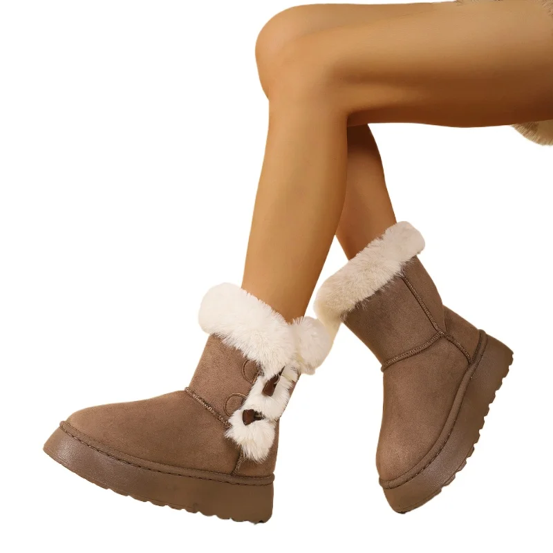 Women Winter 2026 Retro Fashion Horn Button Furry Thick Bottom Non Slip Snow Boots Ankle Boots Warm Women Booties Big Size 36-41