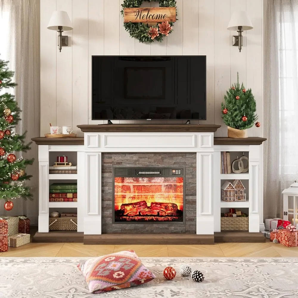 

70" Electric Fireplace with Mantel, Fireplace TV Stand for TVs Up to 80 Inch, Farmhouse Entertainment Center with Storage