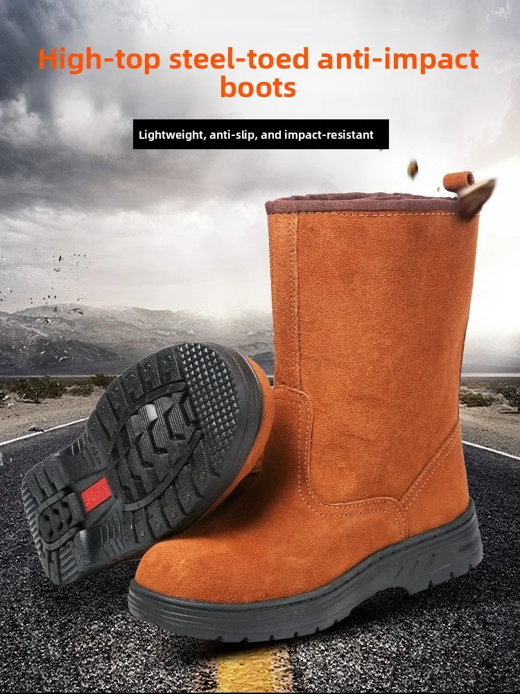 

Мужские зимние рабочие ботинки с высокой трубкой и стальным носком, кожаные ботинки для масляного поля, противоожоговые ботинки Welding oes, защита от курения
