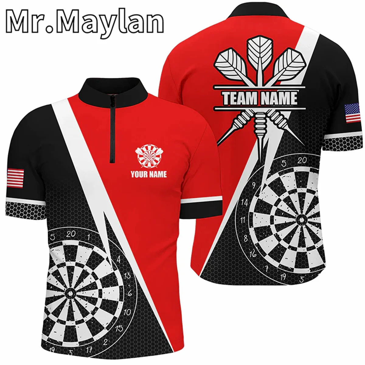 

Mens 3D Red Retro Darts Board Men Darts Quarter-Zip Polo Shirts Custom Name Darts Team Jersey Uniform Gift for Darts Enthusiasts