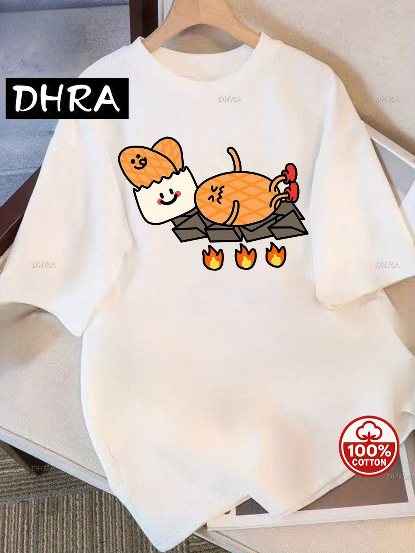 

Ladies' oversized 100% T-shirt cute cartoon marshmallow and fried egg pattern black loose round neck T-shirt breathable sleeved