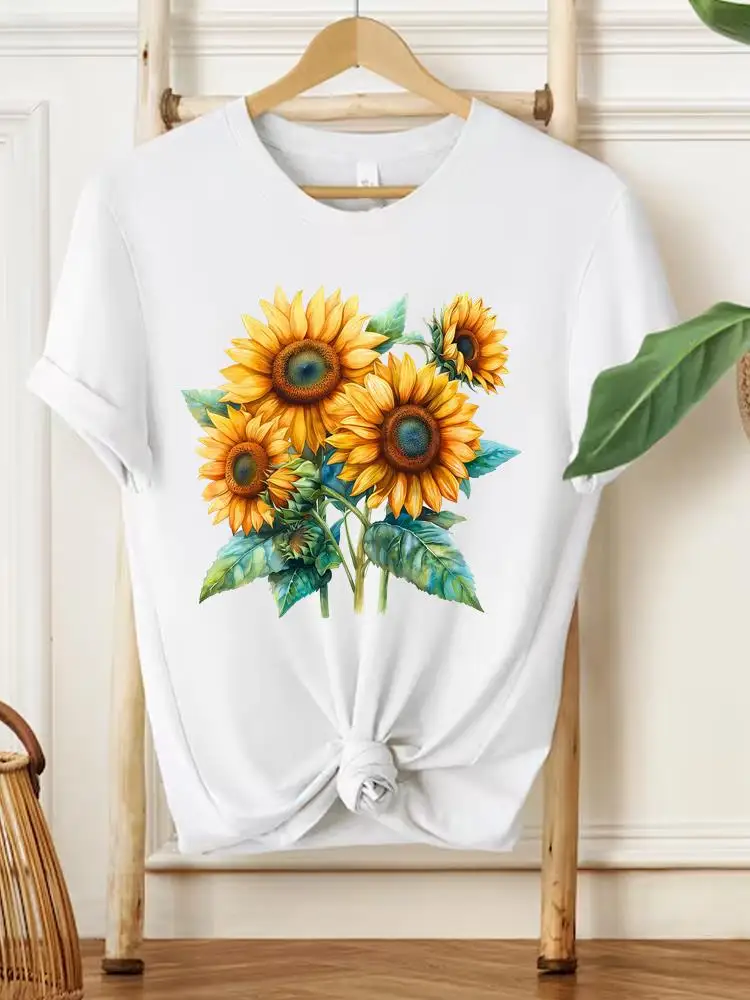 T-shirt imprimé à manches courtes et col rond pour femmes, vêtements décontractés pour femmes, mode féminine, tendance florale, style doux des années 90