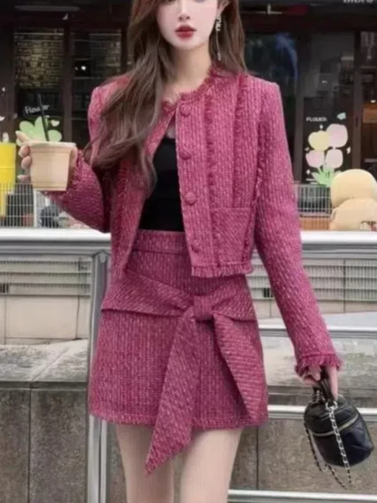 Winter Pink Elegant New Two Piece Set Women Blazer Coat+solid Bow Mini Skirt Female Japan Fashion Designer Mini Skirt Suit 2024