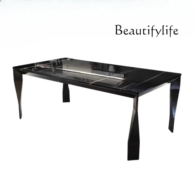 A Black Gold Pure Natural Marble Dining Table Large Flat-floor Restaurant Rectangular Villa Modern Light Luxury Dining Table