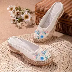 Summer Women's Linen Baotou Embroidered Slippers Ethnic Style Retro Home Casual Slippers Thick Soles For External Wear