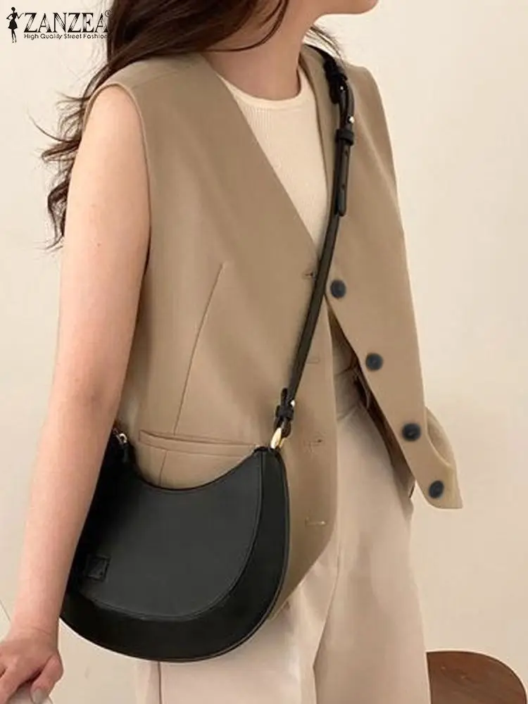 ZANZEA Women Sleeveless Blazer Outwear Tank Waistcoat Fashon Elegant Office V Neck Suit Vest 2024 Summer Khaki Tanks Oversized