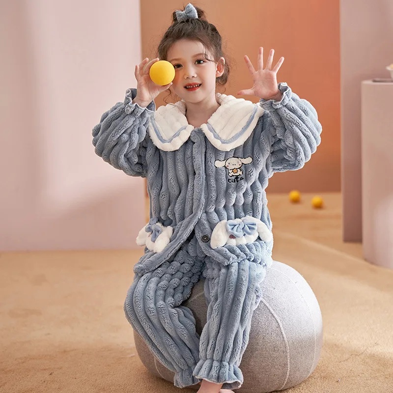 

Детская фланелевая пижама в стиле аниме Melody Kuromi Pochacco Cinnamoroll Sanrios, 2 шт., зимняя теплая утепленная домашняя одежда для мальчиков и девочек, домашняя одежда, подарок