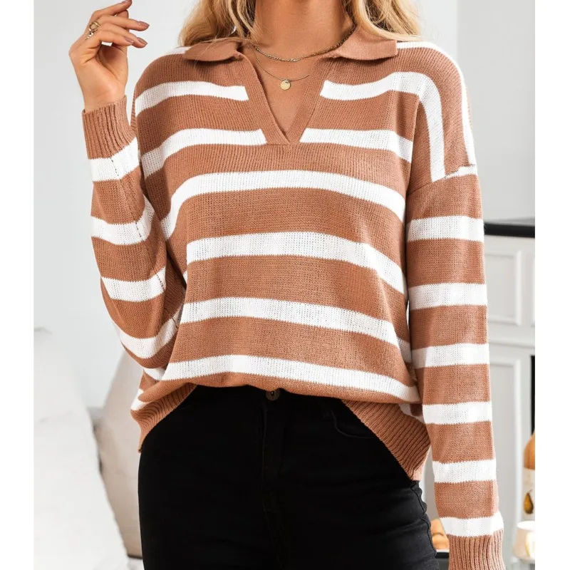 

Street Trendy 2024 Autumn/Winter New Women's Loose Splicing Collar Striped Contrast Long Sleeve Casual Sweater for Women