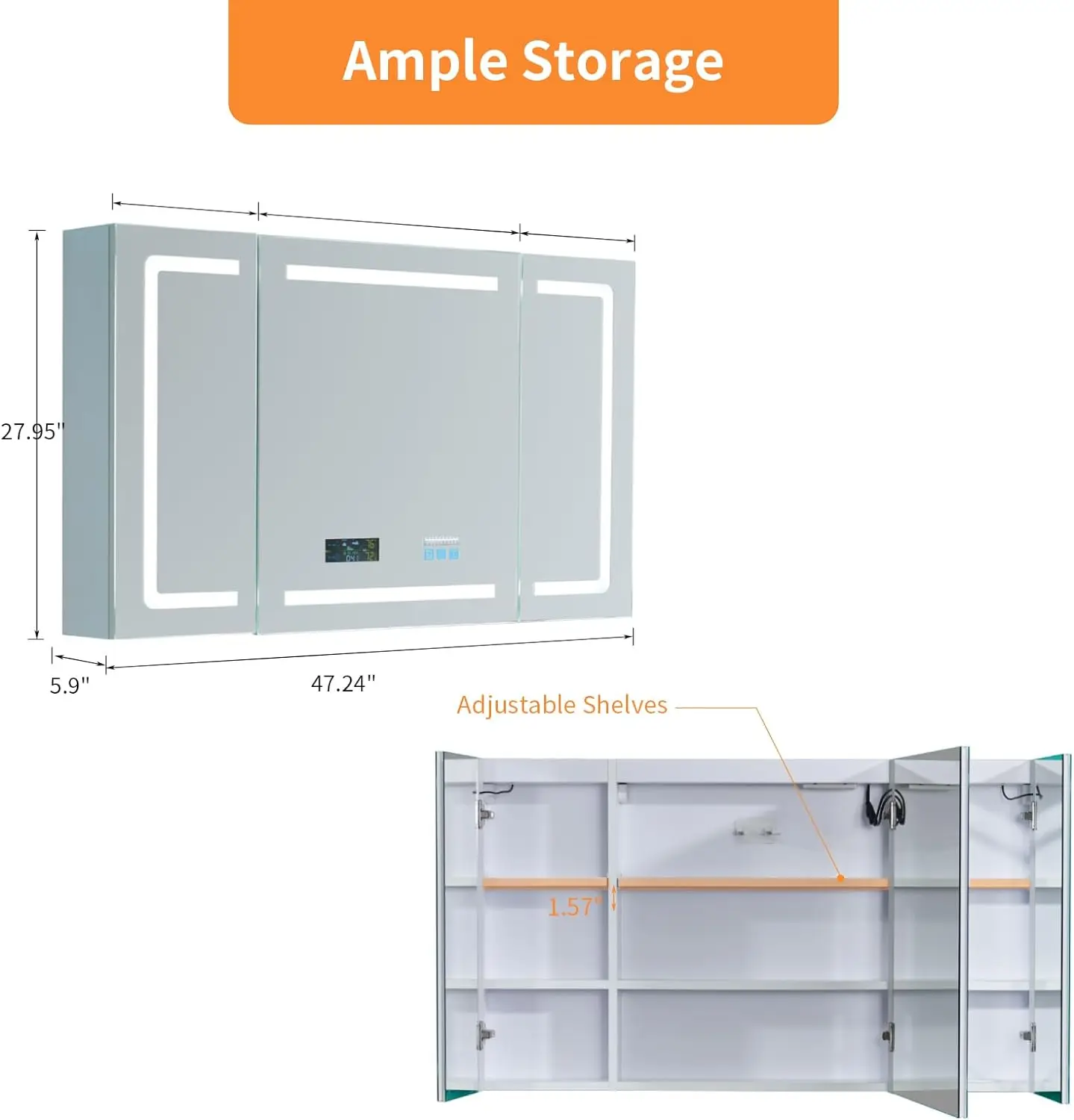 Vingli Led Medicine Cabinet With Smart Mirror, 48X28''Bathroom Medicine Cabinet With Bluetooth& Speaker, Clock, Room Temp