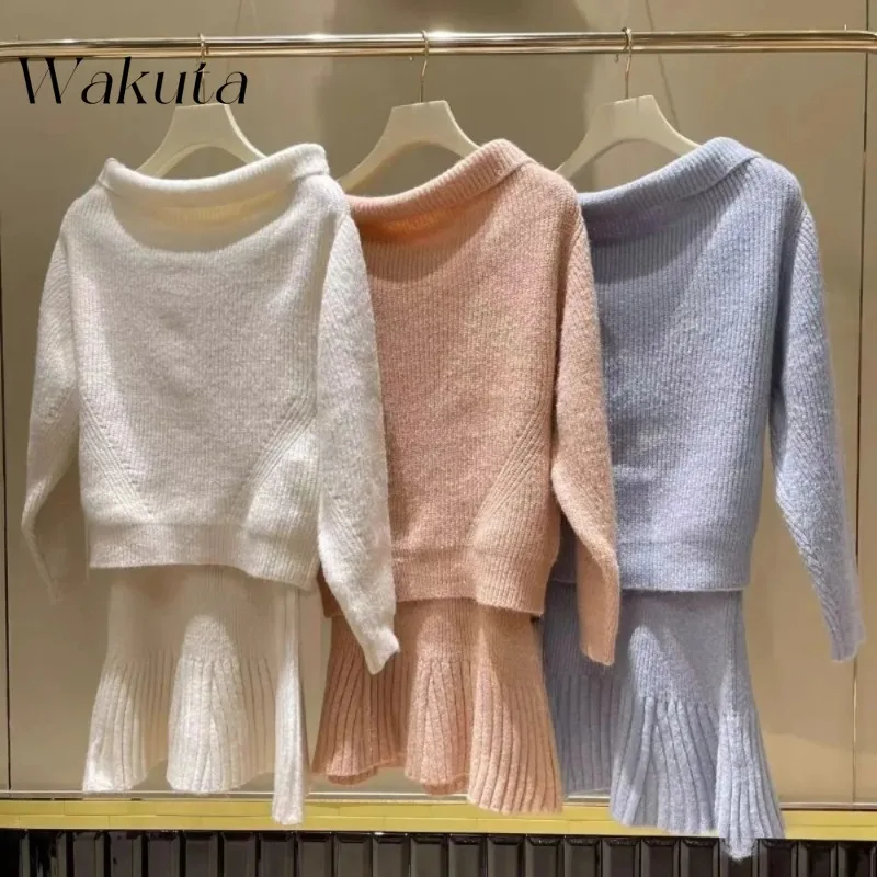 

WAKUTA Japanese Y2k Harajuku Sweet Elegant Slash Neck Off Shoulder Set Sweaters High Waist Mermaid Bodycon Skirt Slim Suit Dress