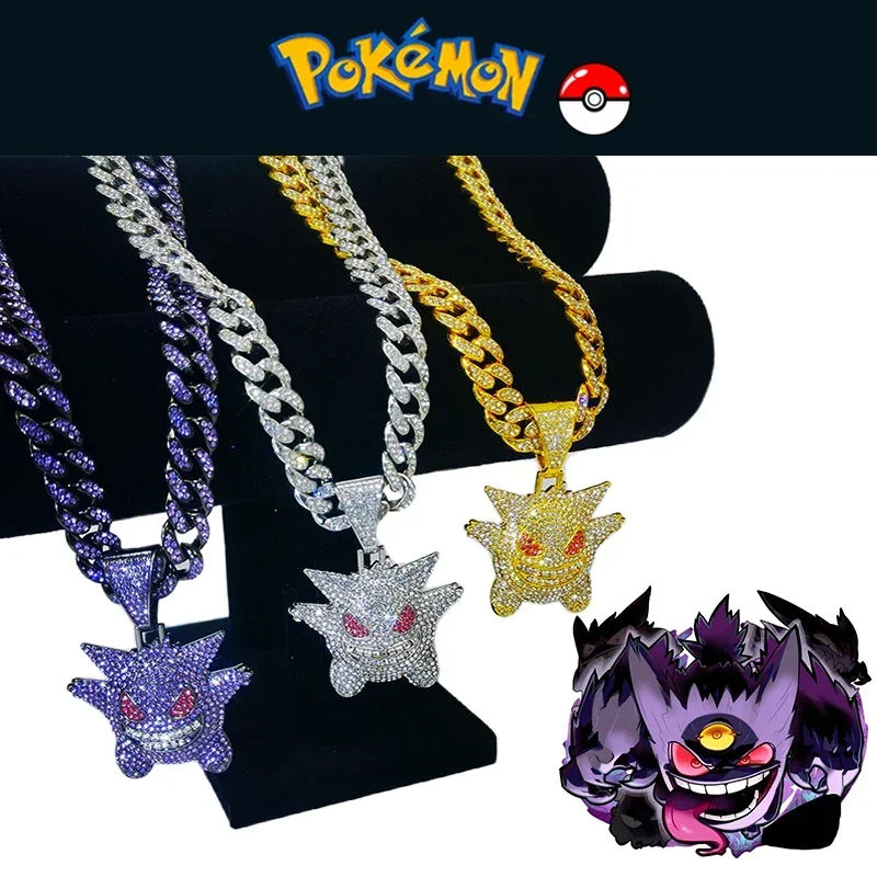 Pokemon Gengar Miami Cuban Link Chain HipHop Men Women Necklace Jewelry Trend Metal Pendant Rhinestone Paved New Hot Street Gift