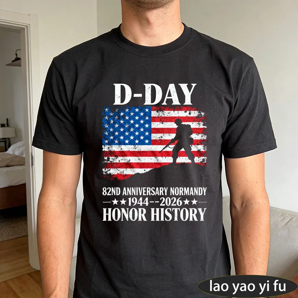 Vintage D-Day Normandy Men's T-Shirt, 1944-2026 82nd Anniversary US Flag Soldier Print Honor History Patriotic Casual Cotton Tee