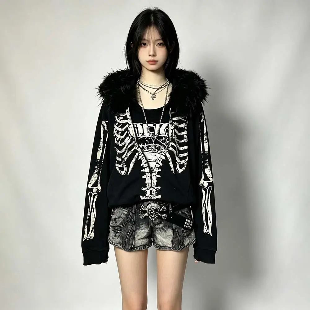 American Vintage Faux Fur Coats Y2K Women's Hooded Sweatshirts Harajuku Gothic Zip Up Jacket Autumn Winter Thick Warm Outerwear