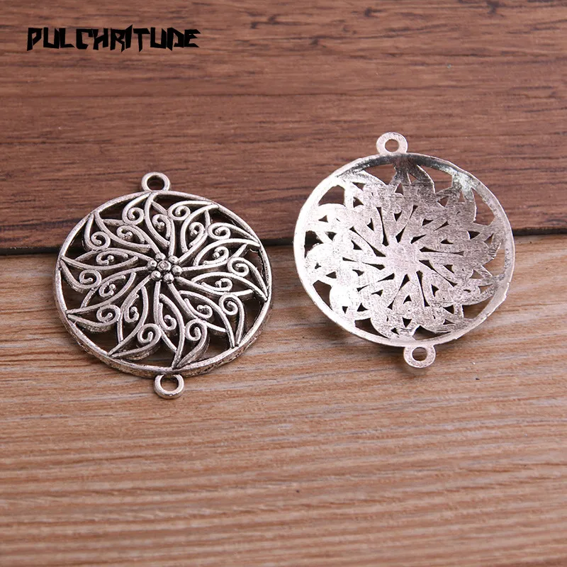 PULCHRITUDE 8pcs 29*35mm Two Color Zinc Alloy Vintage Round Flower Connectors Pendants Jewelry Making DIY Handmade Craft
