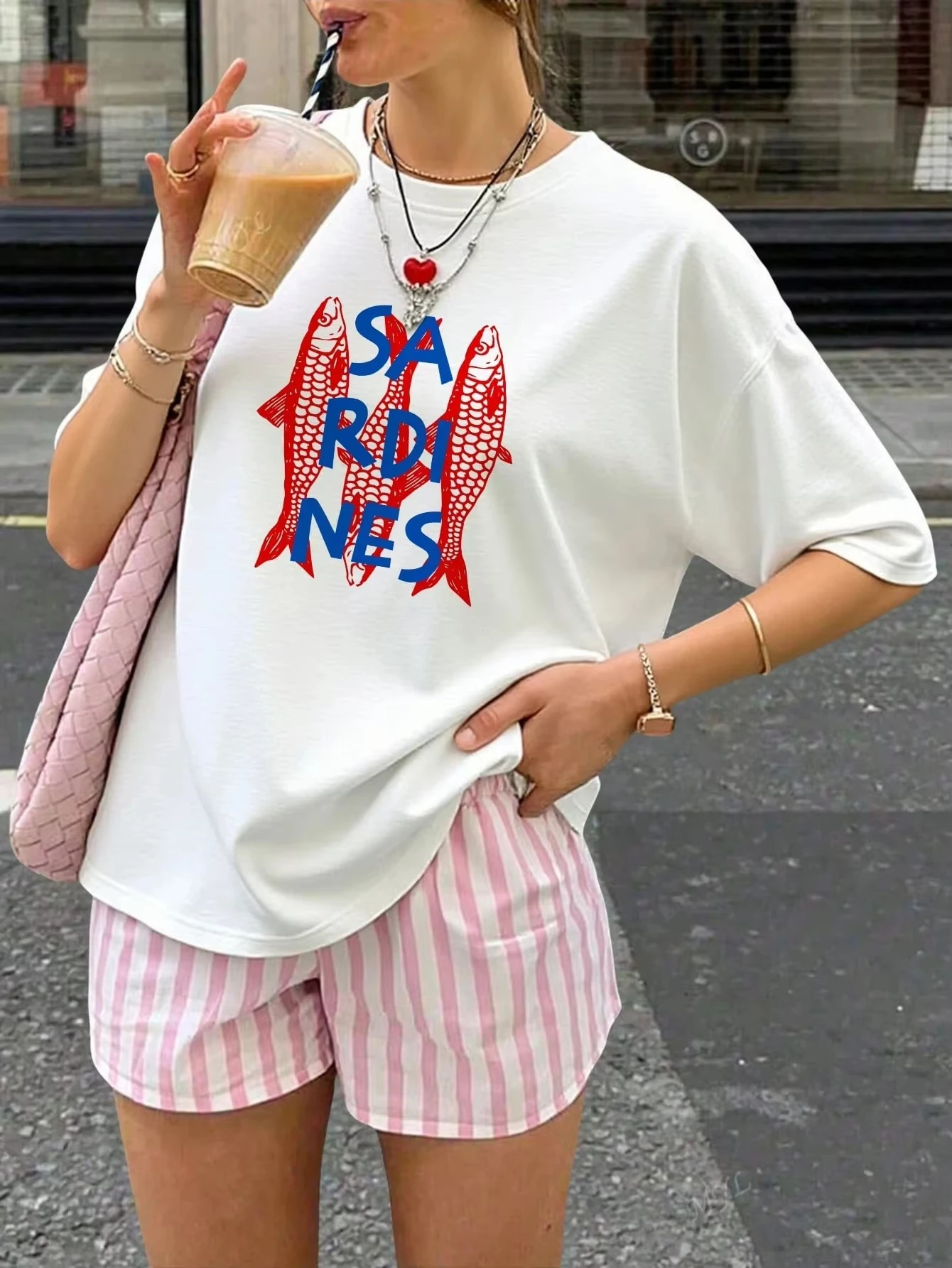 

Summer Cartoon Sardine Letter Printing Short-sleeved Woman t-shirts Casual Versatile Style Suitable Daily Going Out Womens Tops