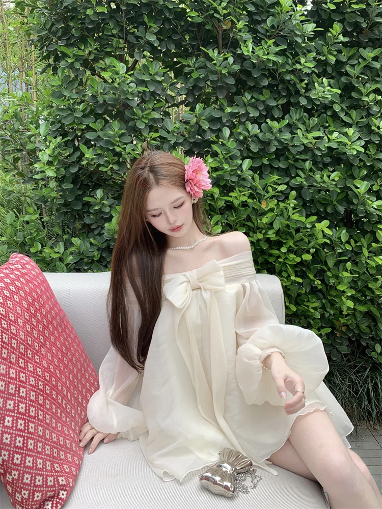 Women\'s French Bow Off Shoulder Chiffon Dress Long Lantern Sleeves A-line Short Party Dresses New Summer Princess Dress