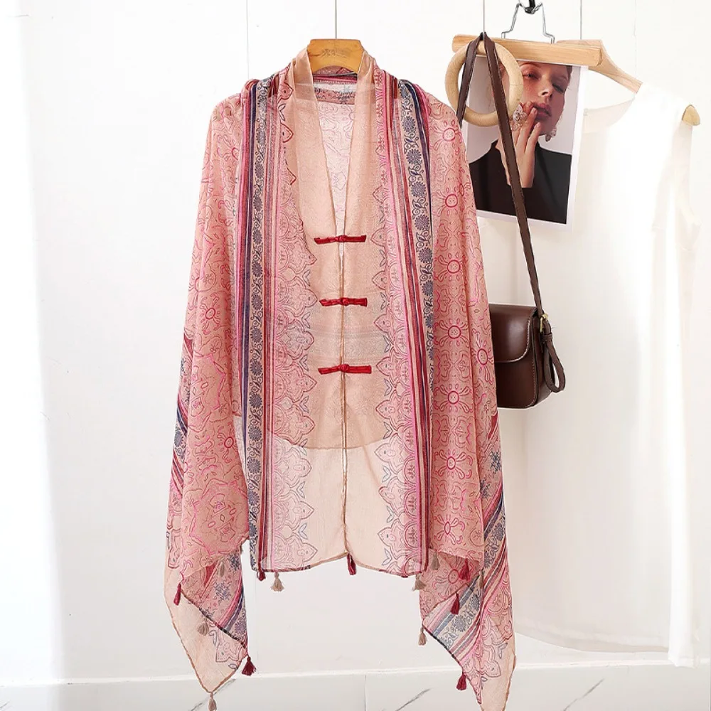 

Elegant Knot Button Sunscreen Scarf Shawl Tassels Paisley Cardigan Cape Thin Large National Style Cloak Outdoor