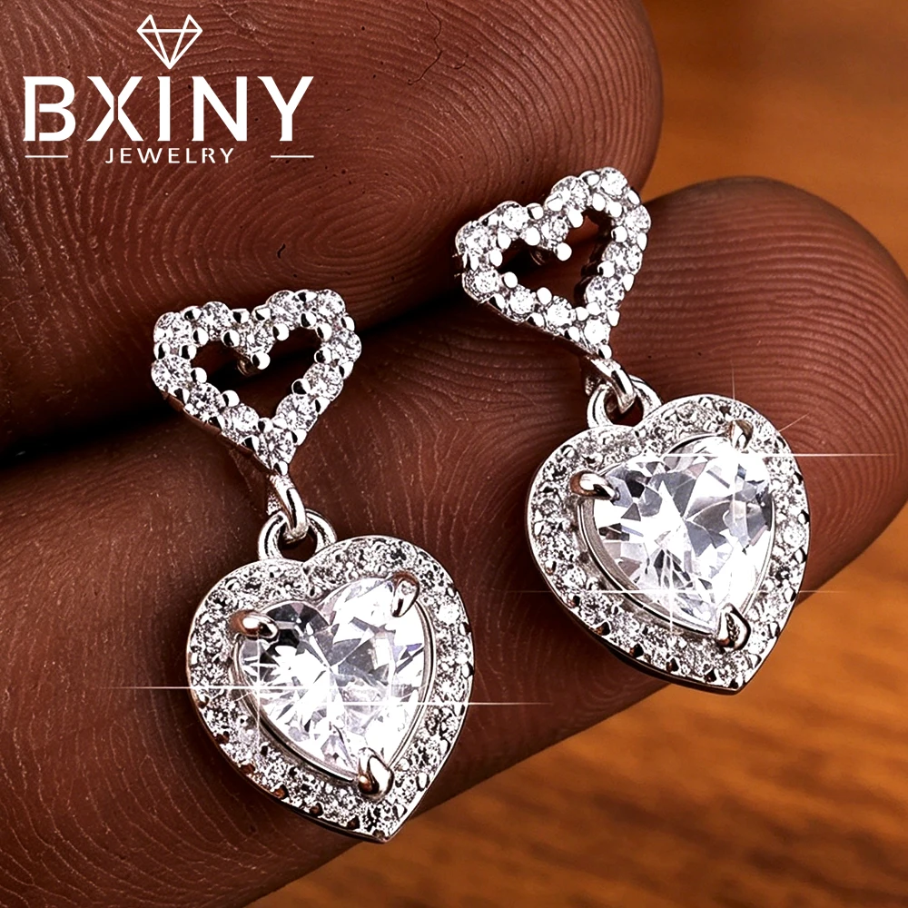 BXINY Heart Cut Moissanite Drop Earrings S925 Silver D Color Diamond Dangle Earring for Women Wedding Gift Jewelry GRA Certified