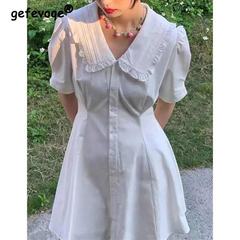 Dress Women Peter Pan Collar New Slim White Button Preppy Sweet Casual Elegant Student Female A-line Mini Shirt Dressss Summer